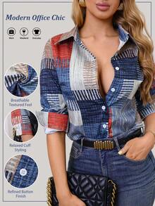 Colorblock Button Print Long Sleeve Casual Retro Shirt, Patterned Plaid Front Button Vacation Spring - Multicolor - View 4