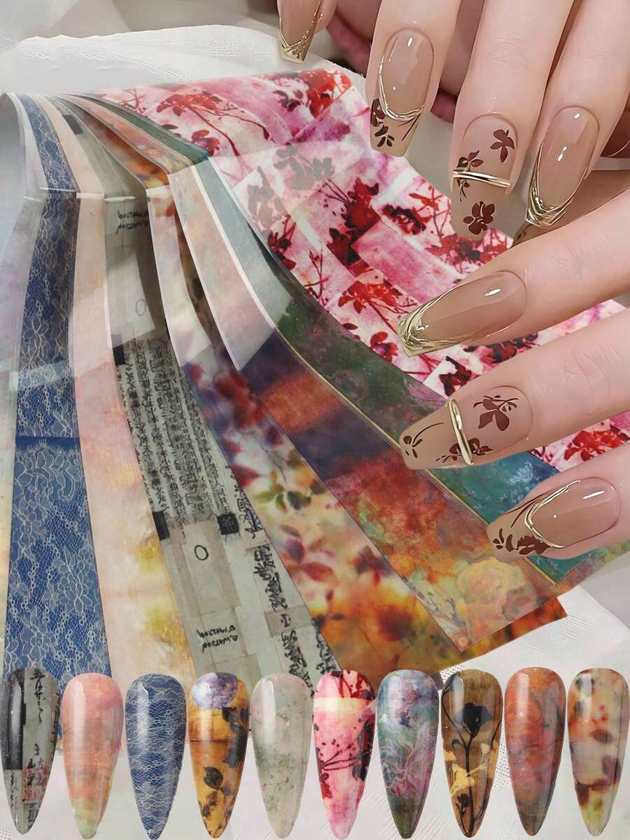 10片/包 复古宫廷风花叶蕾丝美甲箔转印贴纸 古诗水彩渐变大理石纹理剪影画 春夏浪漫婚礼美甲DIY美甲用品 女士及女孩适用（不粘手） - 彩色 - 查看 1