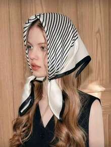 1 pièce Foulard carré de 90 cm à motif rayé décontracté, convenant pour le printemps et l'automne. Peut être utilisé comme foulard de tête, ceinture, accessoire de sac, ceinture décorative, coiffe et autres foulards mode polyvalents pour femmes - Noir et Blanc - Voir 2
