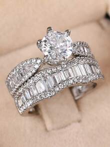 2pcs Luxurious Cubic Zirconia Stone Rings, Suitable For Women, Ideal For Weddings, Engagements, Anniversary Parties, Valentine's Day Gifts - Silver - View 3