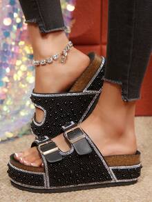 Gold Foil Fashion Crystal Thick-Sole Platform Slippers, Spring/Summer - Black - View 3