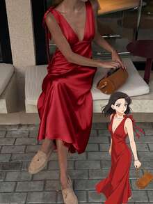 2026春夏新款缎面蝴蝶结吊带深V领香槟色正式晚礼服，适合约会、正式活动、派对、海滩、度假、街头风、嘉年华、婚礼、生日、Y2K、闪亮、复活节、圣帕特里克节、毕业典礼、盛大晚宴、奢华晚宴等场合。 - 紅色 - 查看 9