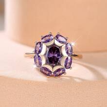 Vanel 1pc Elegant Gold-Tone Purple Cubic Zirconia Halo Ring, Delicate Floral Cluster Ring, Fashionable Jewelry For Women, Suitable For Daily Wear And Parties - Golden-purple - View 5