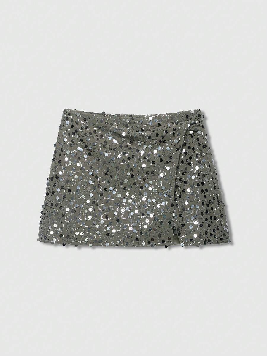 Sequin Decor Double-Breasted Mini Skirt Spring - Green - View 1