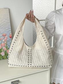 Women's Shoulder Bag Tote Bag Crescent Bag, Fashionable Straw Bag With Rivets Inlaid, Stylish Personalized Large Capacity Beige Bag - Beige - View 3