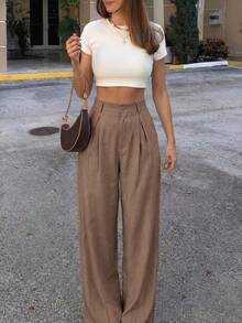 Quần ống rộng nữ kiểu dáng thường ngày, màu trơn, thiết kế thắt lưng độc đáo, phù hợp cho công sở và mặc hàng ngày, mùa xuân. - màu nâu - Xem 11