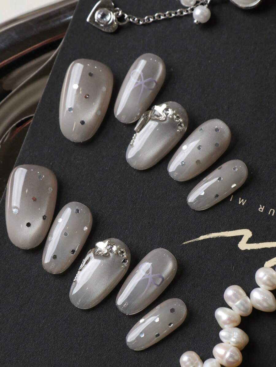 10pcs Press On Nails Nails Press On Nail Supplies White Cat Eyes Bow Flash Diamond Fake Nails Short Handmade Press On Nails Faux Nails Press On Summer Nails Includes 1sheet Adhesive Tabs &1 Pc Mini File - Multicolor - View 1