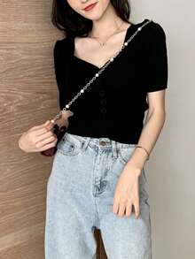 女士纯色简约短袖针织上衣，日常穿着黑色夏季款 - 黑色 - 查看 3