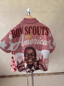 Vintage Street Hip Hop Alphabet Character 3D Printing Loose Men's Short Sleeve Cardigan Shirt - Light Pink - View 4