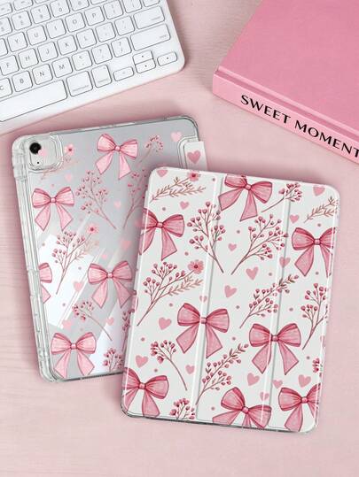 Transparent Acrylic Backshell Trifold Double-Sided Printed Flat Case With Floral & Bow Design, Compatible With IPad 10th Gen/11th Gen/10.2/10.5/Air4/Air5/10.9/Pro 11/Air 11-In.(M2)-2024/Pro 11-In.(M4)-2024/ Air 11-Inch (M3) 2025/ (A16) 11 Inch 11th Generation 2025 Mini6/Mini7/Air1/Air2/9.7/ Air 8(M4)2026(11-Inch) Models