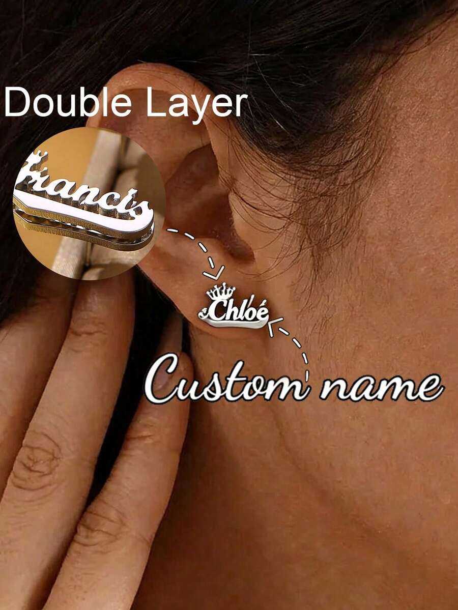 Customized Double-Layer Welded Earrings For Women, Personalized Letter Heart-Shaped Stud Earrings, Stainless Steel Crown Design 3D Nameplate Earrings - Silver - View 1