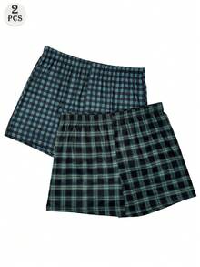 2 piezas Calzoncillos tipo bóxer holgados y transpirables con estampado a cuadros para hombres, shorts de pijama casuales con cintura elástica, conjunto de ropa interior cómoda para verano - Multicolor - Ver 2