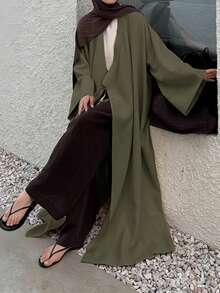 Women's Solid Color Elegant Robe, Casual Soft Comfortable Jacket, Daily & Holiday Robe, Loose Fit - Army Green - View 3