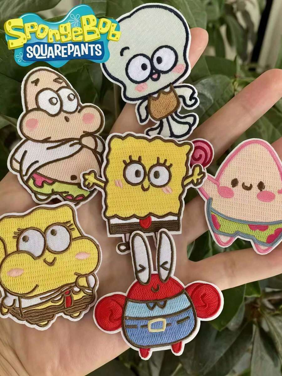 SpongeBob SquarePants 2片/4片装自粘卡通刺绣布贴，背面带3M胶，也可缝制以增加耐用性。图案包括章鱼哥、珊迪和小蜗。创意动漫徽章布贴、超级明星蜗牛刺绣布贴。 - A - 查看 1