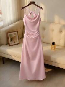 Đầm dạ hội đuôi cá dây mảnh màu trắng satin, đầm dự tiệc mùa hè lãng mạn tối giản với cổ khoét sâu, kiểu dáng thanh lịch, hở vai. - Hồng - Xem 1