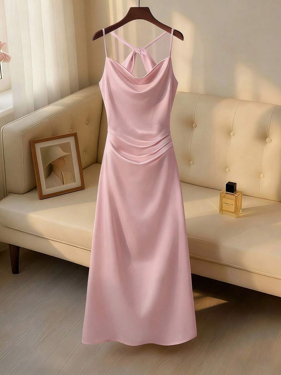 Đầm dạ hội đuôi cá dây mảnh màu trắng satin, đầm dự tiệc mùa hè lãng mạn tối giản với cổ khoét sâu, kiểu dáng thanh lịch, hở vai. - Hồng - Xem 1