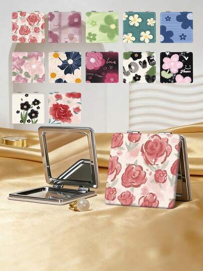 1 chiếc gương cầm tay gấp gọn kiểu tranh hoa, nhẹ, di động, làm bằng da PU bền, phù hợp cho mọi dịp và mọi người, gương vuông gấp gọn bỏ túi.