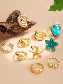 Set de 10 piezas de anillos de estilo vacacional con elementos múltiples como estrella de mar, esmalte azul, flor, vieira, geométrico, acabado liso, estilo Ins de aleación de flor - Dorado - Ver 4