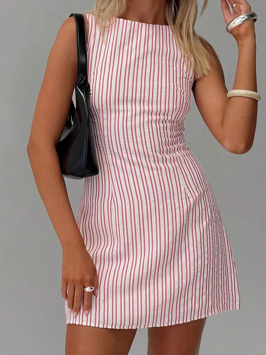 Women's Striped Bodycon Mini Dress Y2K Summer Crew Neck Sleeveless A-Line Sundress Lace Up Beach Vacation Tank Going Out Dresses - Đỏ - Xem 1