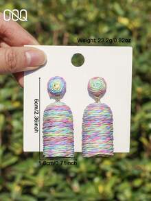 1 Pair Versatile Boho Style Handmade Woven Raffia Cylinder Dangle Earrings, Creative Exaggerated Geometric Colorful Raffia Earrings Suitable For Women's Daily, Vacation, Party Wear (Handwoven Randomly, Handmade May Have Slight Glue Residue) - Mixed Color - View 6
