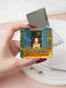 1 pezzo Specchio da toeletta con stile di pittura ad olio, serie ritratti, specchio compatto pieghevole e leggero, in pelle PU, adatto per molteplici scenari e per tutti, specchio quadrato pieghevole, design unici di ballerina, campo di fiori, casa, gatto, bambina, ritratto di coppia, stampa precisa e delicata, affidabile, facile da trasportare e tenere in mano - Multicolore - Visualizzare 9