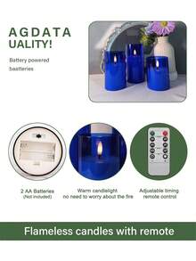 3pcs Flameless Candle Lights With Remote Control/Timer, Battery Operated Blue Warm Light Candles, Suitable For Christmas, Halloween, Valentine's Day, Mother's Day, Gifts, Birthday, Proposal, Wedding, Dining Table, Party - Blue - Warm Light - View 10