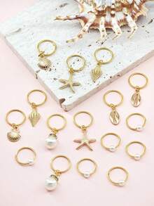 16pcs Luxury Beach Element Hair Rings With Golden Starfish, Conch, Shells & White Pearls - Summer Adjustable Alloy Hair Cuffs, Coastal Boho Jewelry For Dreadlocks - Gold - View 4