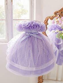Young Girls' Sleeveless Sequin Pleated Satin & Mesh Elegant Trailing Formal Dress, Suitable For Important Occasions, Birthday Parties, Without Headband - Purple - View 4