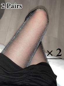 1双超薄亮片透明女士丝袜 - 适合体重132磅的女性 - 黑色 - 查看 14