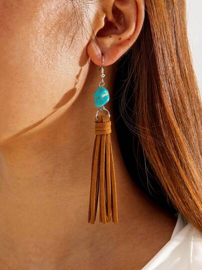 1 Đôi bông tai tua rua dài kiểu Bohemian bằng polyester, hình học bất đối xứng, thích hợp làm quà tặng cho phụ nữ đi nghỉ mát ở bãi biển.