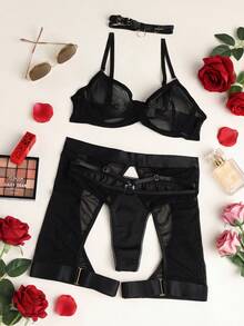 Bộ đồ lót gợi cảm 3 món dành cho nữ, bao gồm áo corset, dây nịt và áo ngực có gọng. - màu đen - Xem 1