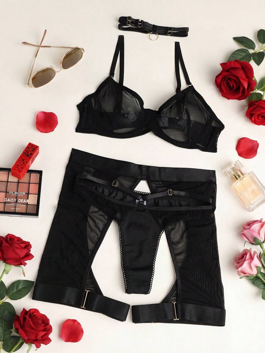 Bộ đồ lót gợi cảm 3 món dành cho nữ, bao gồm áo corset, dây nịt và áo ngực có gọng. - màu đen - Xem 1