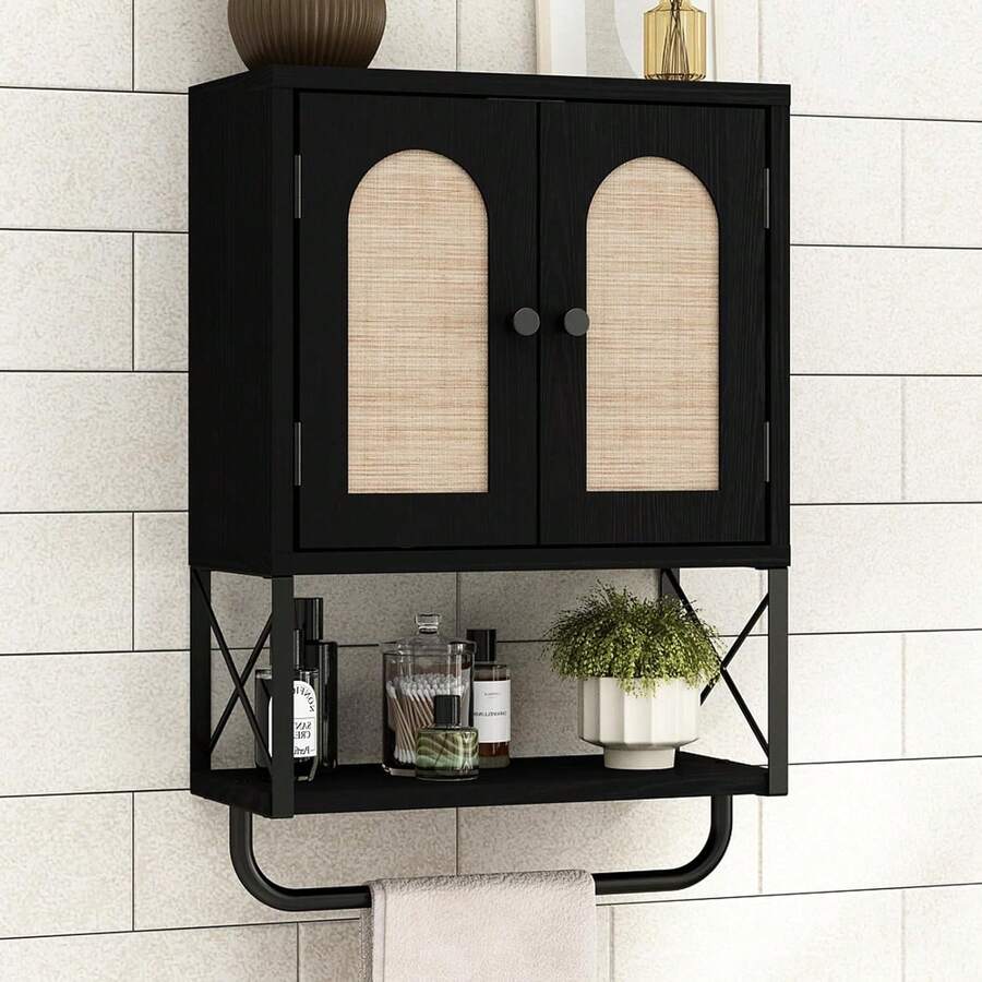 Rattan Bathroom Wall Cabinet, Boho Over The Toilet Storage Cabinet With Arched Rattan Doors, Modern Medicine Cabinet With Adjustable Shelves & Towel Bar, Small Rustic Oak Bathroom Organizer - Black - View 1