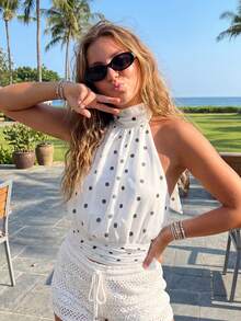 Womens Summer Halter Tank Tops Fashionable Solid Color/Dot Print Backless Going Out Vest - White - View 3