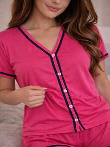 Baby Doll Americano de Botões BLOGUEIRINHA Conjunto de Dormir Pijama Malha Conforto - Pink - Visão 4