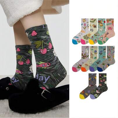 3/5/10 Đôi tất cổ cao đến giữa bắp chân, họa tiết trái cây và cá lãng mạn, kiểu dáng cổ điển, tất vẽ hình trái cây hoạt hình, thích hợp để mặc vào mùa xuân.