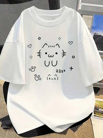 Vintage Women's T-Shirt With Anime-Inspired Cute Cat And Text Print – White With Black Line Drawing, Short Sleeves, Round Neck, Casual Wear, Kawaii Manga Style, Loose Fit, Geometric Pattern Patch Print, Essential For Spring/Autumn Layering, Machine Washable, Summer Top