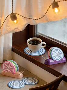 1pc Cute Cartoon Snail Coaster Set, PP Plastic, 6pcs Non-Slip Heat Insulation Coasters, Practical Decoration For Kitchen And Living Room - Purple - View 3