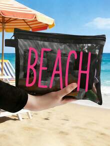 Túi đi biển lưới chống thấm nước thời trang, túi đựng mỹ phẩm in chữ "Beach", chủ đề biển. Túi đựng mỹ phẩm trong suốt dung tích lớn, túi đựng đồ vệ sinh cá nhân bằng nylon có khóa kéo, nhẹ, có thể đựng kem chống nắng, đồ ăn nhẹ, bikini và các vật dụng cần thiết khi đi biển. - Nhiều màu - Xem 10