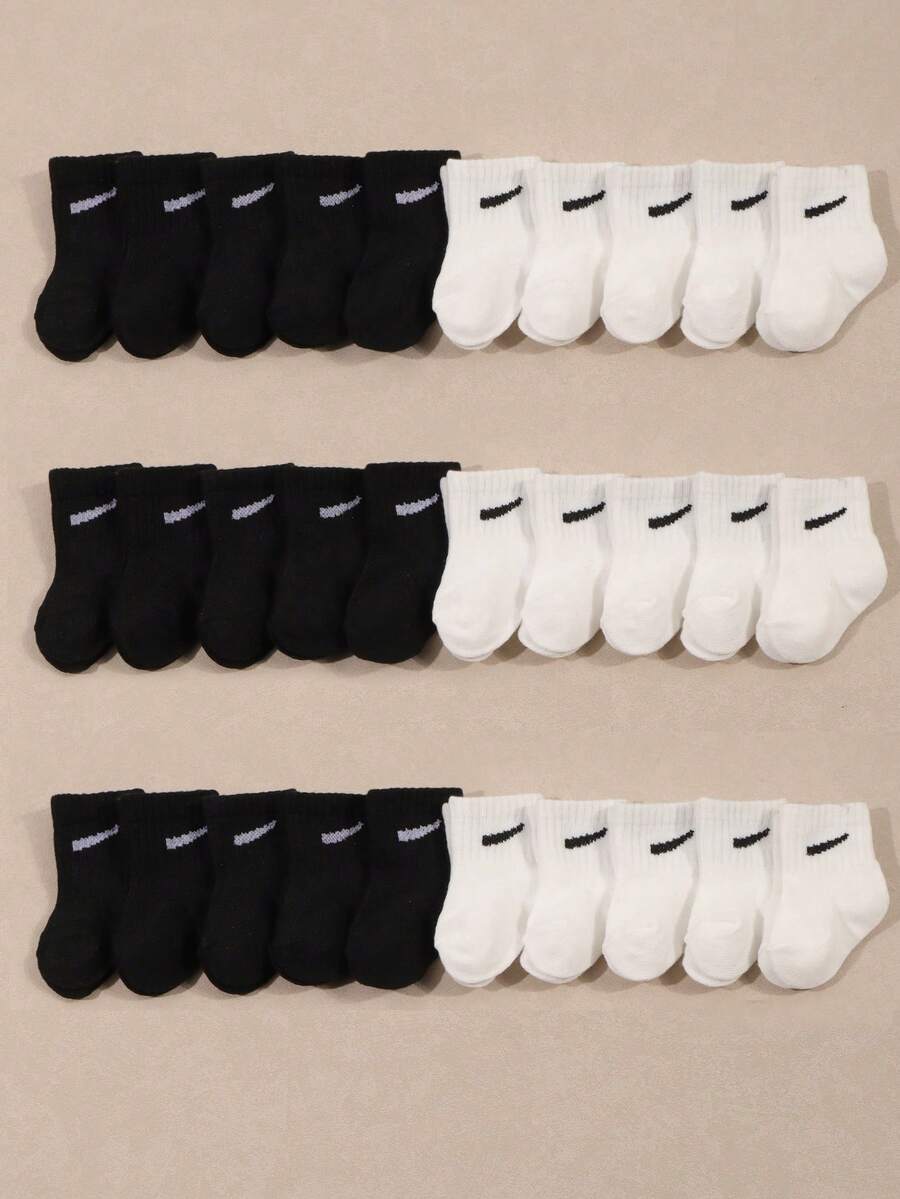 10/20 Pairs Baby/Toddler Solid Color Candy-Colored Casual Mid-Calf Socks, Spring/Summer - Black and White - View 1