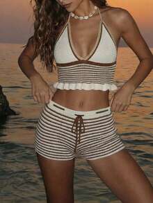 Women's New Striped Hollow Out Twist Back Halter Knit Top And Knitted Shorts Set, Beach Holiday Summer - Multicolor - View 6