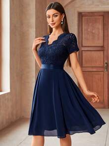MIUSOL Elegant V-Neck Floral Lace Pleated Hem Chiffon Swing Dress, Suitable For Wedding Guests, Prom, Graduation Ceremony Summer - Navy Blue - View 8