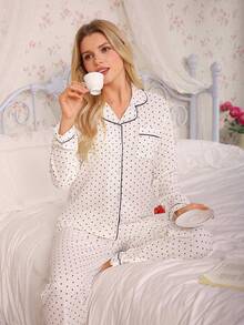 Bộ đồ ngủ 2 món in chấm bi, áo tay dài cài cúc cổ ve áo và quần dài dễ thương, đồ ngủ và đồ mặc nhà dành cho nữ. - trắng - Xem 5