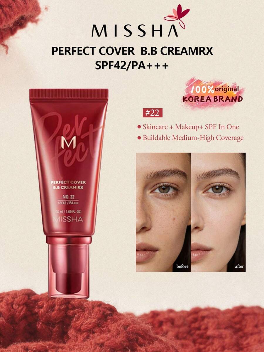 Missha 22号完美遮瑕BB霜 - 浅冷色调 SPF 42 PA+++，50毫升 - 面部遮瑕保湿霜，SPF42/PA+++，适合作为送给女朋友的礼物（色号21）