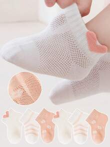 3双装儿童袜子，卡通橙色爱心图案，女童透气中筒袜，适合日常休闲穿着 - 彩色 - 查看 1