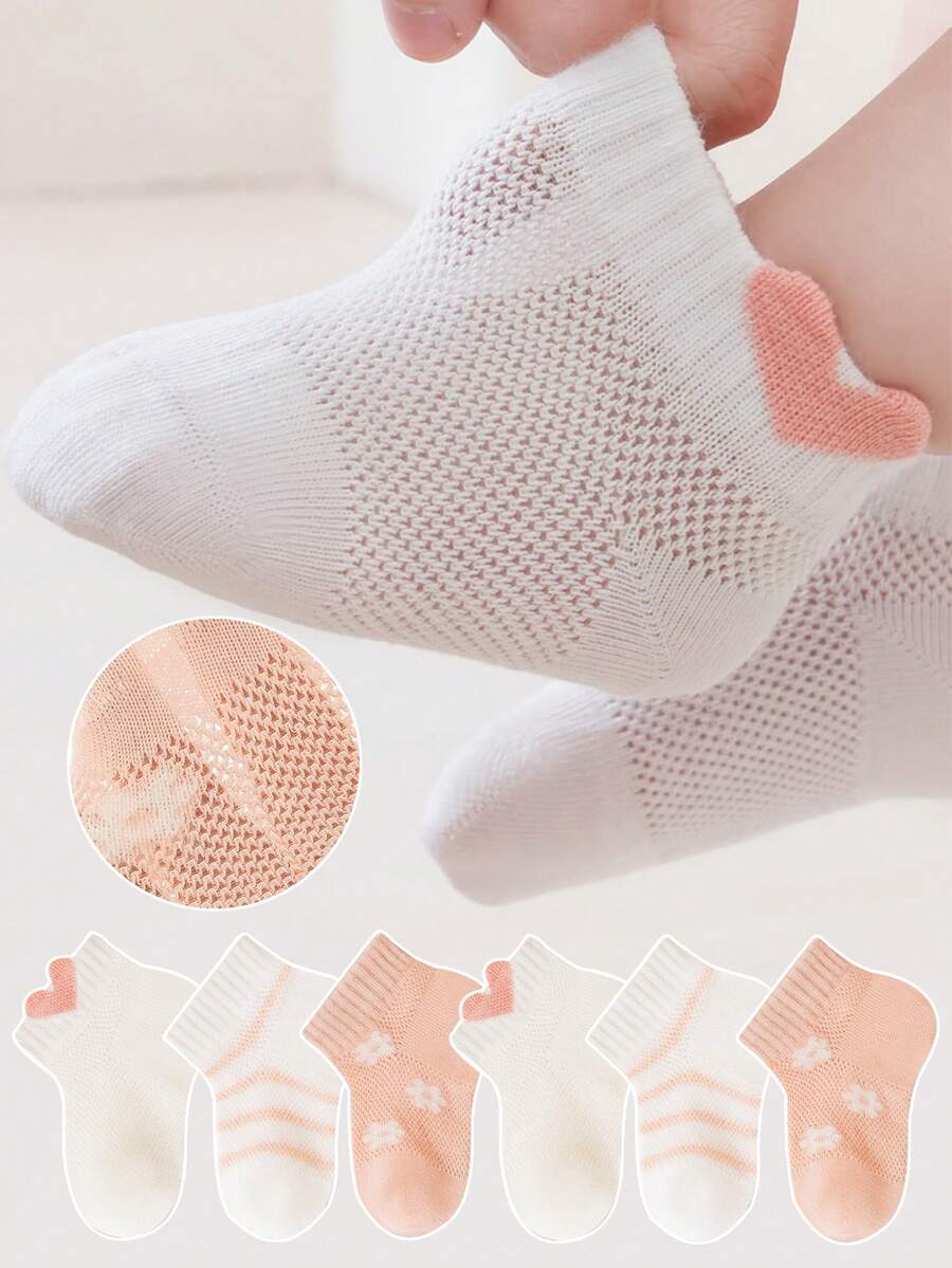 3双装儿童袜子，卡通橙色爱心图案，女童透气中筒袜，适合日常休闲穿着 - 彩色 - 查看 1