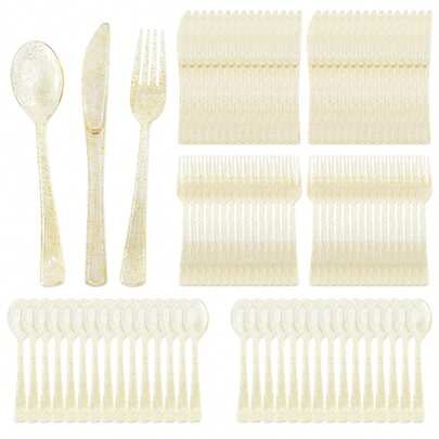 300/150/100/75/50/25/10pcs Gold Glitter Dinnerware Set, Suitable For Cakes, Salads, Pasta, Desserts, Appetizers, Ideal For Birthday, Wedding, Party, Family Gathering, Team Building, Outdoor BBQ, Camping, Banquet, Mother's Day, Christmas And Other Occasions. The Set Includes Full Tableware, Spoons And Kitchen Utensils