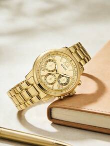 Guess Đồng hồ nữ W0330L1 mạ vàng, đa chức năng, máy quartz, mặt số La Mã, dây đeo thép không gỉ, kiểu dáng thanh lịch cổ điển, phù hợp cho công sở và đeo hàng ngày. - Vàng - Xem 2