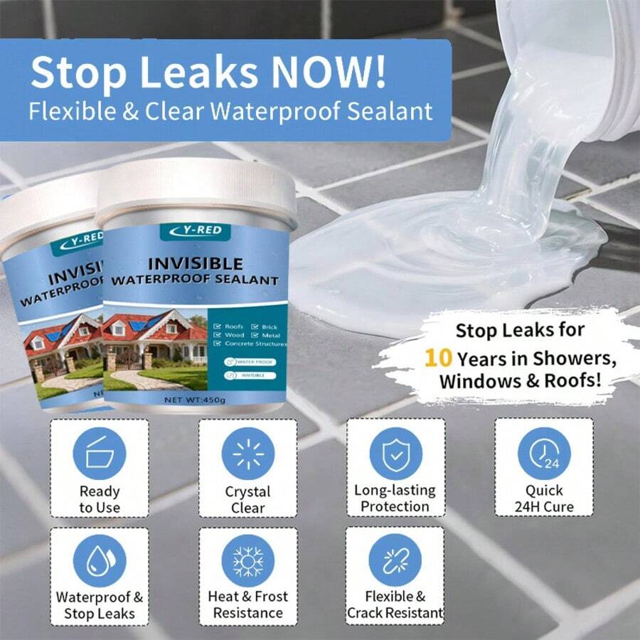 Y-RED 多用途隐形防水密封胶，透明防漏粘合剂，适用于浴室瓷砖、卫生间、屋顶、墙壁、房车、泳池、窗台裂缝修补。 - Waterproof Sealant - 查看 1