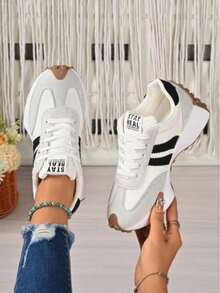 Women's White Casual Sneakers, Low-Top, Lightweight, Non-Slip, Wear-Resistant, Low Heel, Round Toe, Breathable, Lace-Up, Suitable For Outdoor Sports, - 白色 - 查看 3